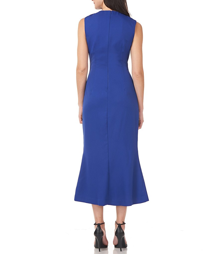 JS Collections Floral Bead Applique Stretch Crepe Sleeveless Crew Neck Midi Dress