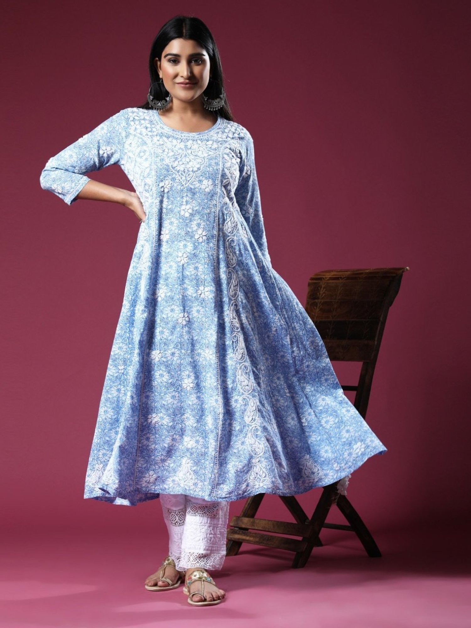 House Of Kari HOK Hand Embroidery Chikankari Long Kurti for Women -Printed Blue