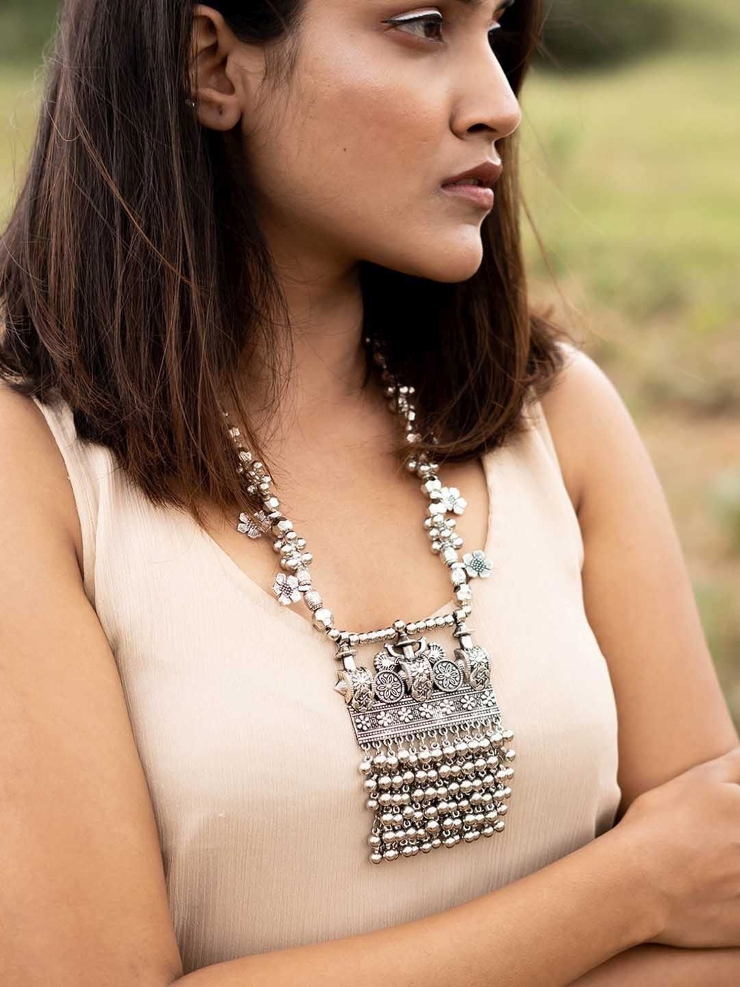 Teejh Nihan Silver Oxidized Ghungroo Long Necklace