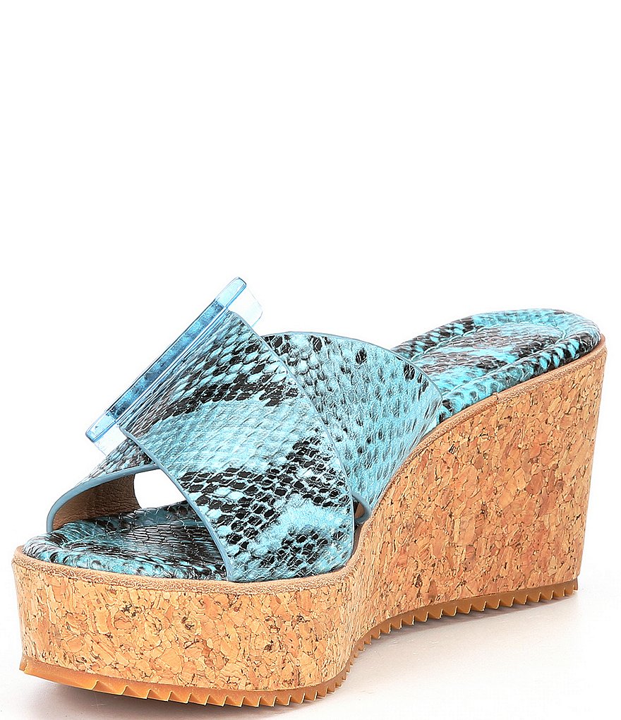 Donald Pliner Illiad Leather Snake Print Buckle Platform Cork Wedges