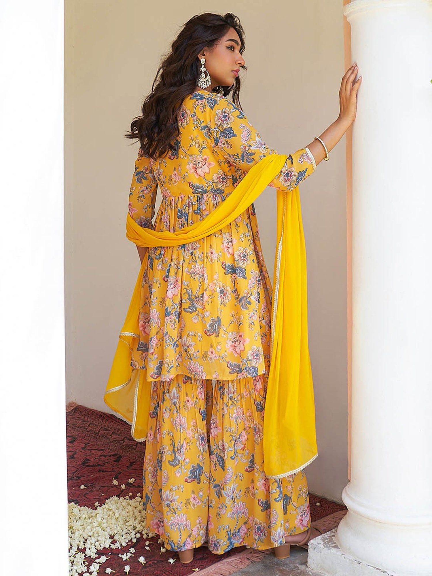 Janasya Yellow Floral Print Kurta With Sharara & Dupatta