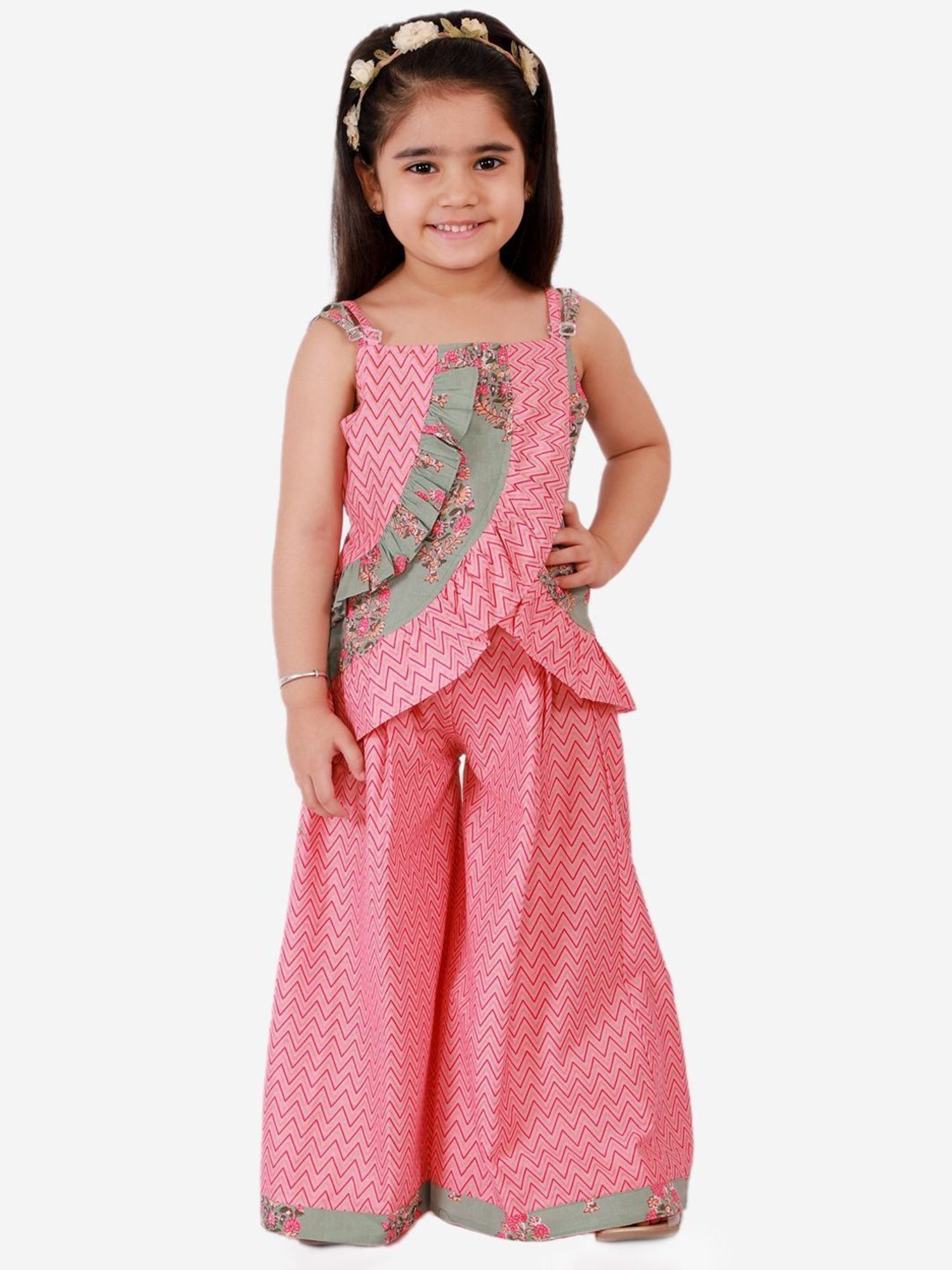 TWISHA Kids Pink & Green Cotton Printed Top Set