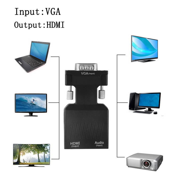 1080P VGA Male to HDMI Female With 3.5mm Audio USB Cable Converter Adapter