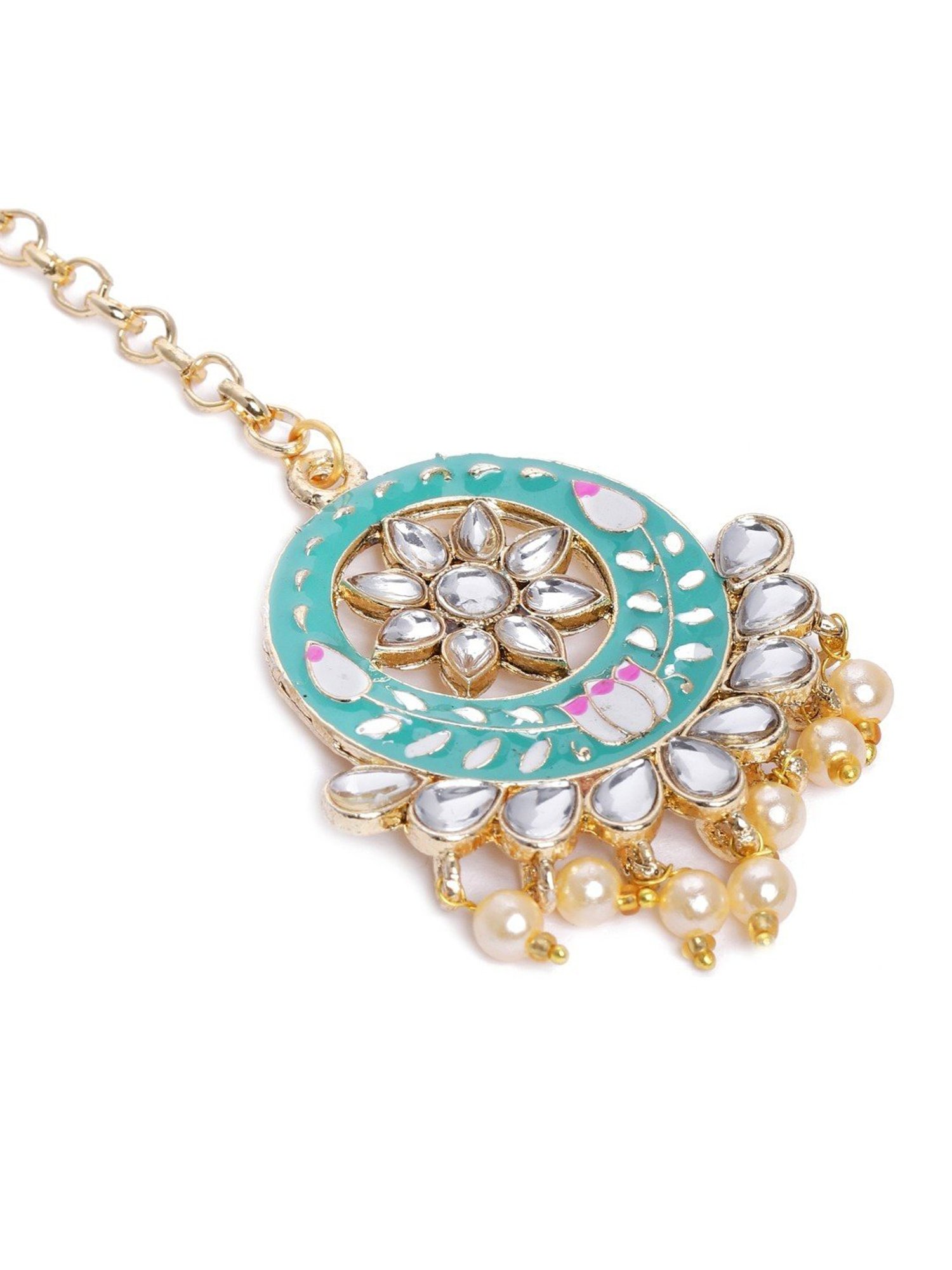 Zaveri Pearls Pastel Green Pink Meenakari Lotus Kundan Necklace Earring & Maangtikka Set-ZPFK10132