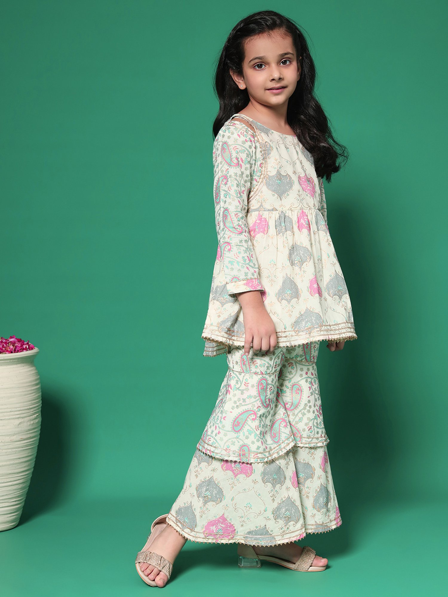 READIPRINT FASHIONS Kids Cream & Grey Printed Kurti with Gharara