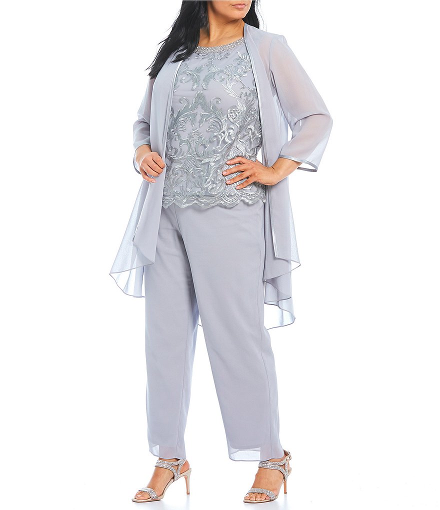 Le Bos Plus Size Crew Neck 3/4 Sleeve Embroidered Georgette 3-Piece Duster Pant Set