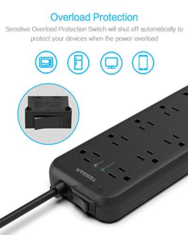 Power Strip, TESSAN Surge Protector Flat Plug 12 AC Widely Spaced Outlets with 3 USB Charging Ports,1875W 15A, 1700 Joules, Wall Mount, 5 Feet Extension Cord, for Home Office Computer TV, Black