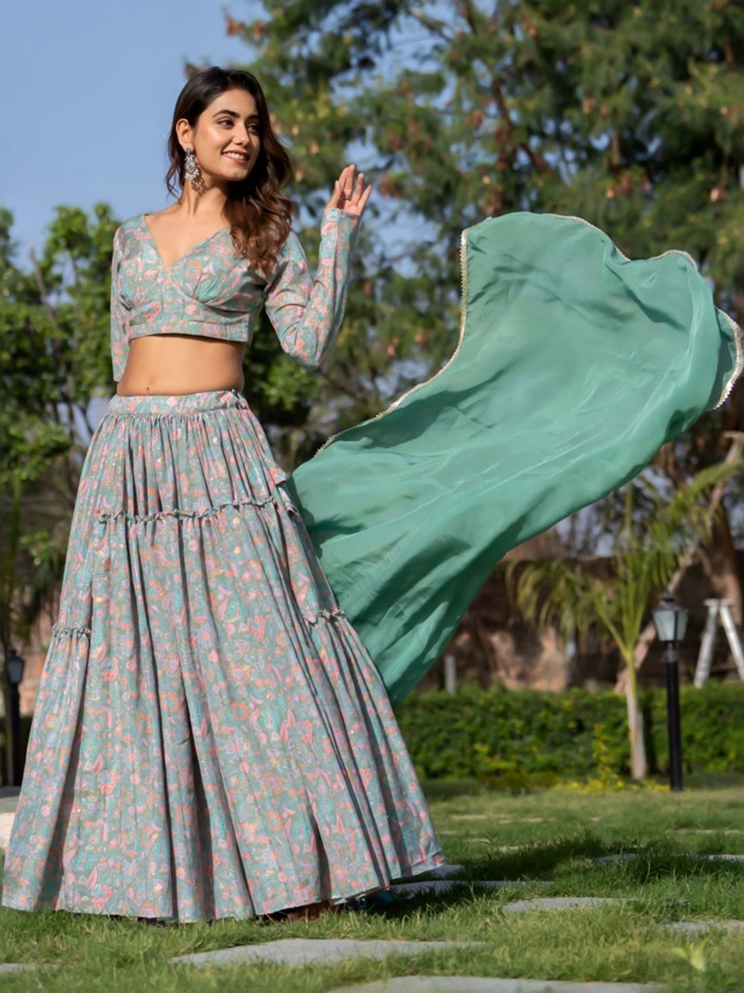 HOUSE OF JAMOTI Green Printed Lehenga Choli Set With Dupatta