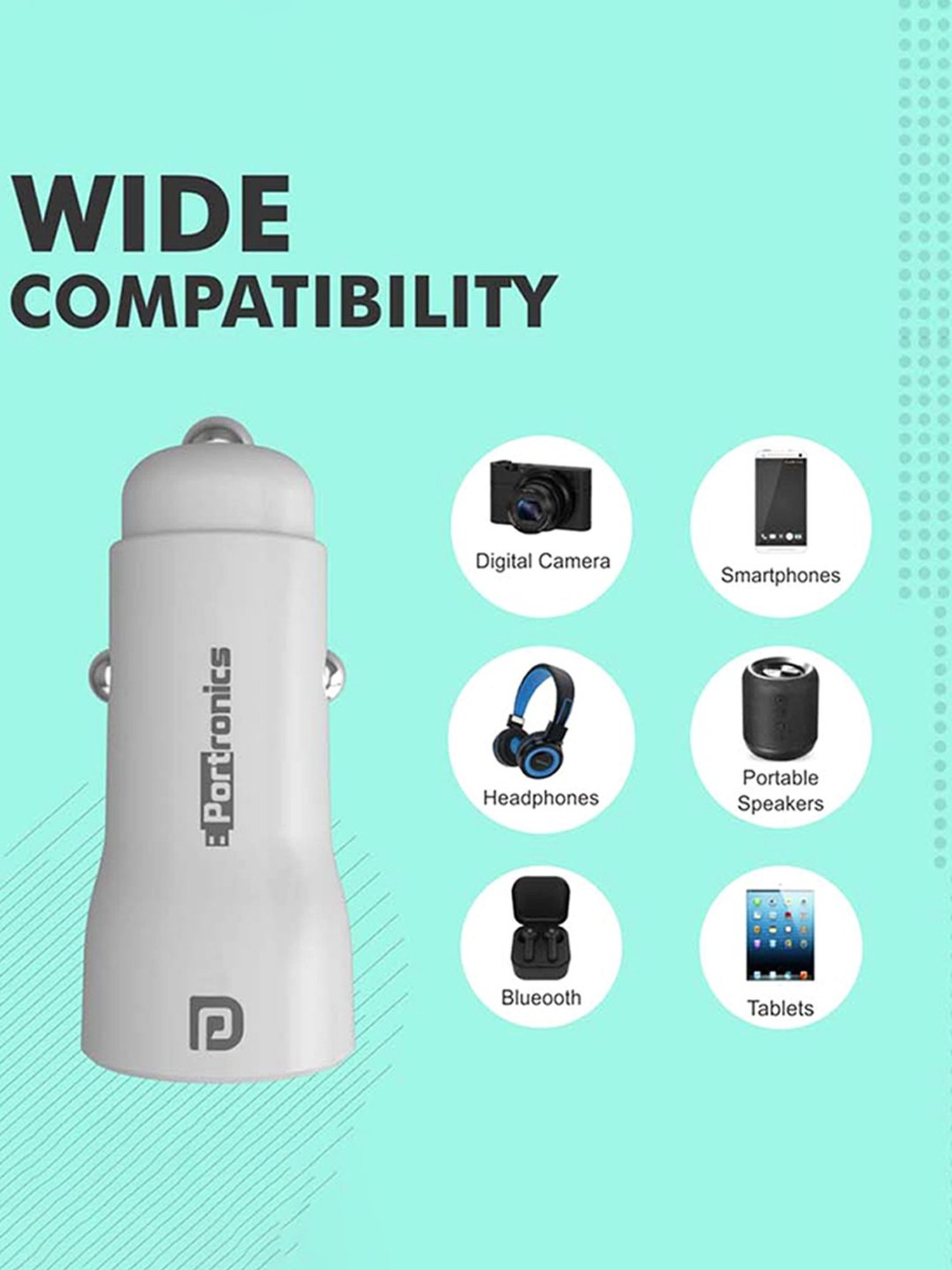 Portronics Car Power 2D POR-1269 2.4A Car Charger with Dual USB Ports (White)