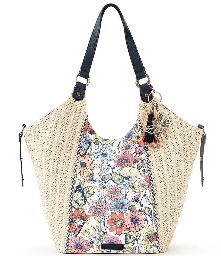 Sakroots Roma Straw Canvas Snap Floral Hobo Tassel Bag
