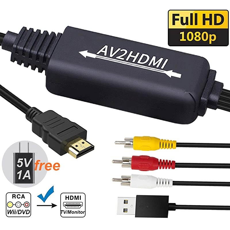 RCA to HDMI Converter Cable,  AV to HDMI Adapter Cable Cord, 3RCA CVBS Composite Audio Video in to 1080P HDMI Out Supporting PAL NTSC for Wii VHS VCR Camera DVD (RCA to HDMI - Kit-Black)