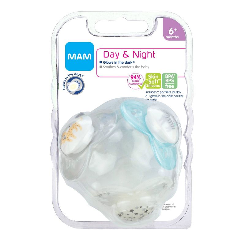 MAM Day & Night Pacifier 6+ Months - Blue/Silver 3pk