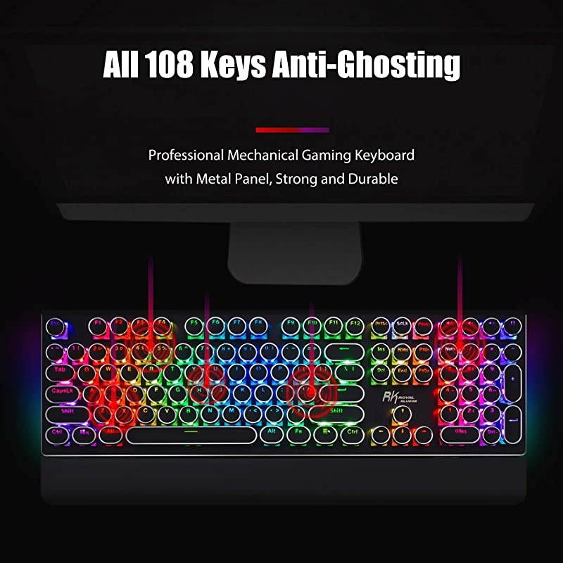 ROYAL KLUDGE Typewriter Style Mechanical Gaming Keyboard with True RGB Backlit Collapsible Wrist Rest 108-Key Blue Switch Retro Round Keycap, Black