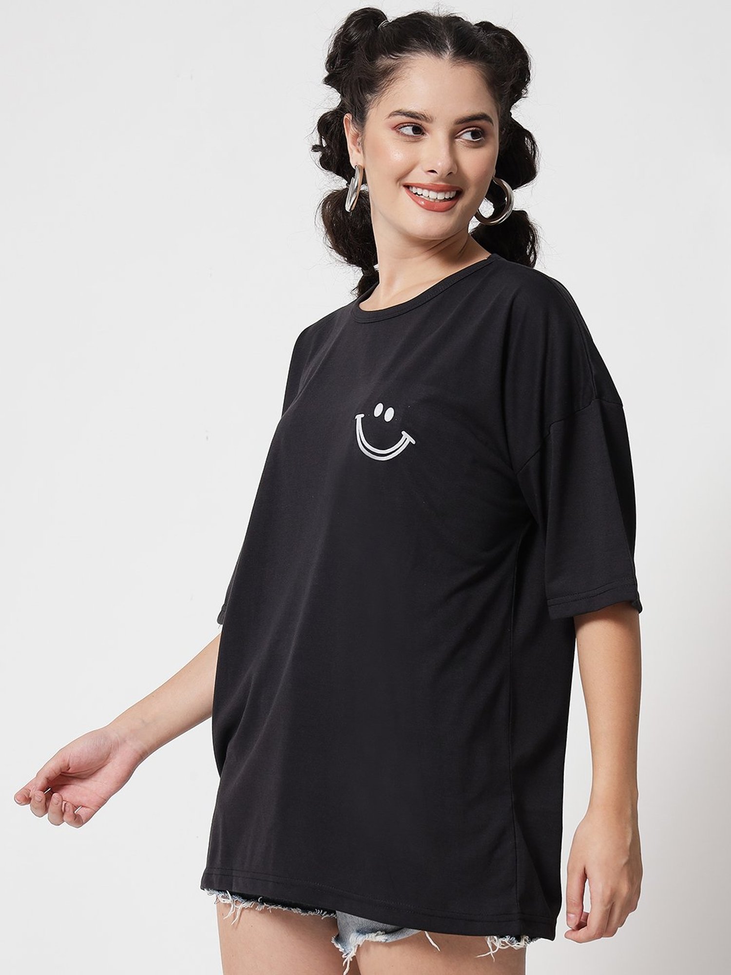 Kotty Black Round Neck Printed T-Shirt