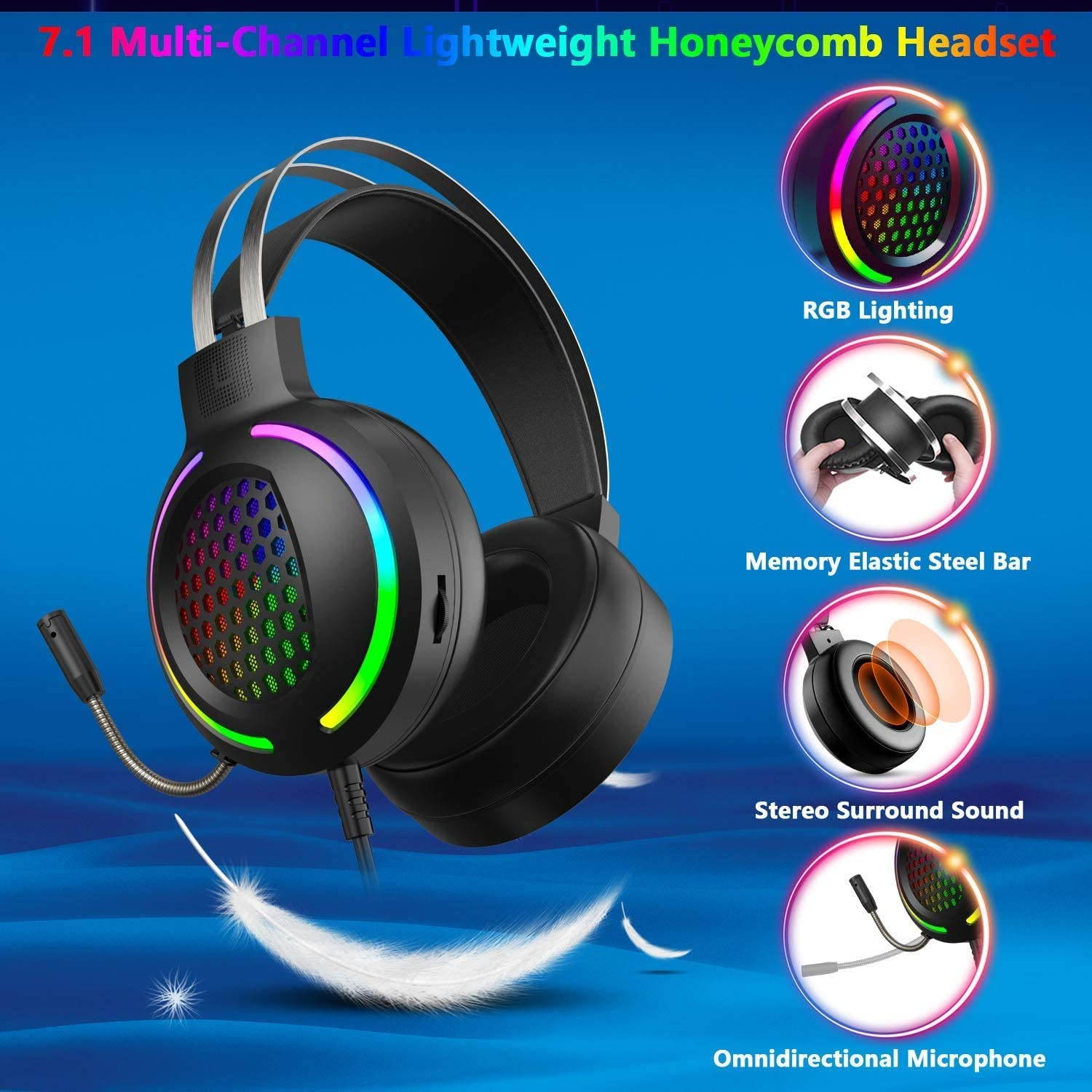Gaming Headset with 7.1 Surround Sound,PC Lightweight Headset with Noise Canceling Mic,Bass Surround,Soft Memory Earmuffs,Rainbow LED Backlit for PC,PS4,Xbox One Controller(Adapter Not Included)(Pink)