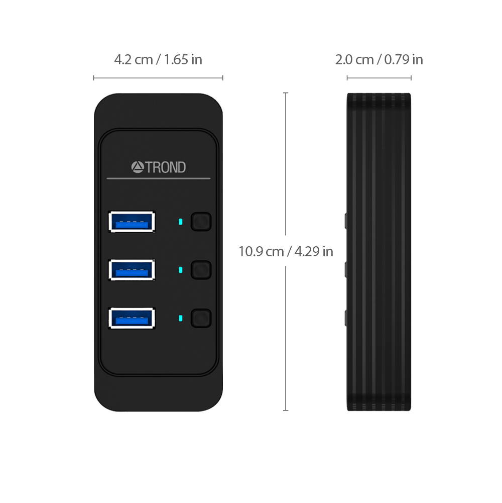 TROND D4 4-Port USB 3.0 Hub with Individual Power Switches, LED Indicators and 3.9 ft Detachable USB Cable
