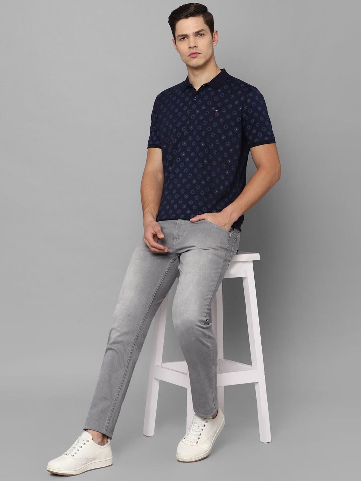 Louis Philippe Sport Navy Cotton Slim Fit Printed Polo T-Shirt