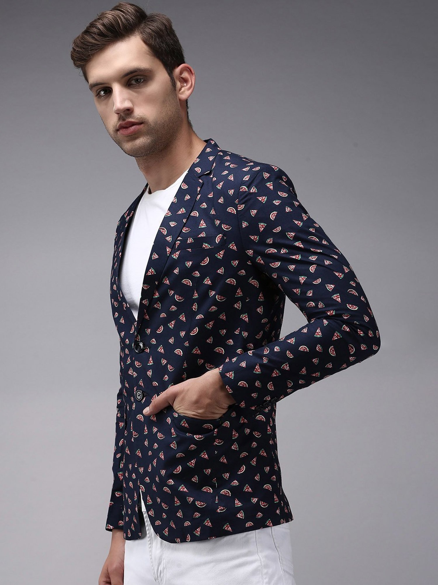 Showoff Navy Blue Cotton Regular Fit Printed Blazer
