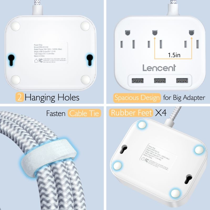 LENCENT 2 Prong Power Strip, 3 Prong to 2 Prong Outlet Adapter, 6.6ft Braided Extension Cord with Polarized Plug, 3 AC Outlets & 3 USB(5V 3.4A Max), Wall Mountable, Ideal for Non-Grounded Outlets