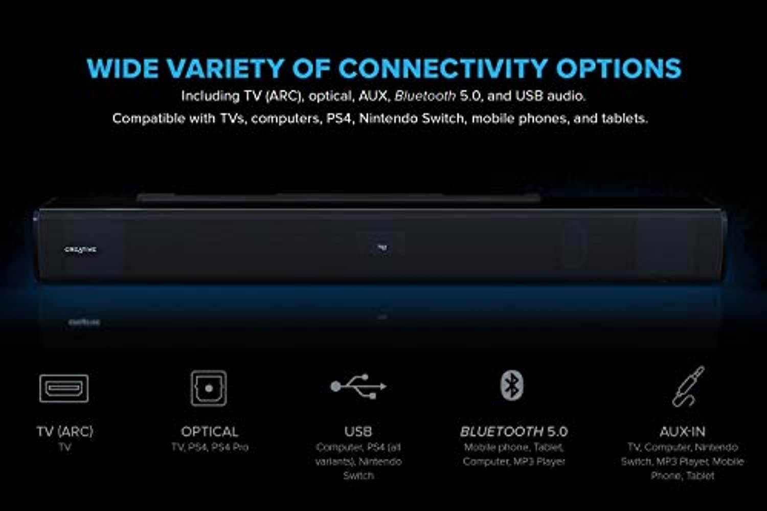 Creative Stage V2 2.1 Soundbar with Subwoofer, Clear Dialog and Surround by Sound Blaster, Bluetooth 5.0, TV ARC, Optical, and USB Audio, Wall Mountable, Adjustable Bass and Treble, fo (51MF8375AA000)