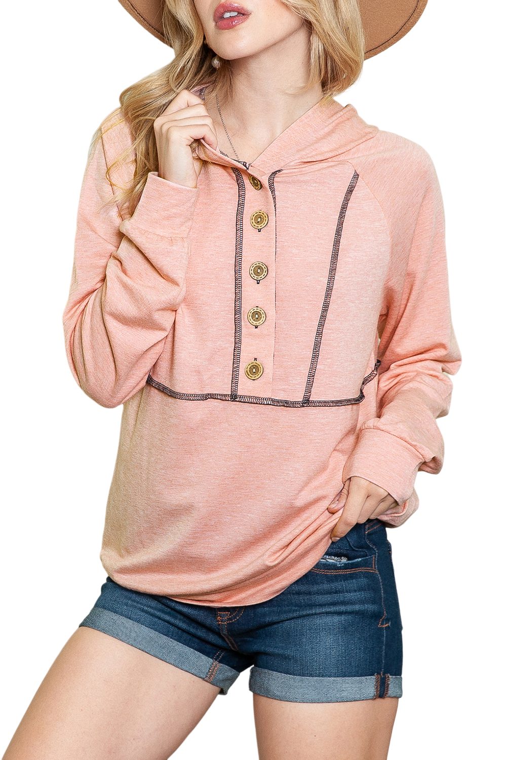 Pink Solid Color Exposed Seam Henley Pullover Hoodie