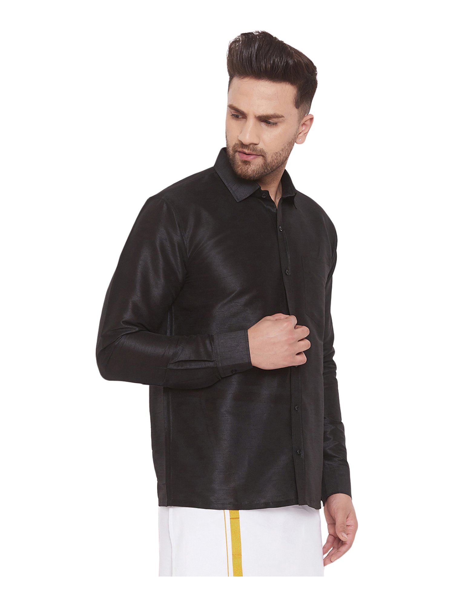 VASTRAMAY Black Straight Fit Self Pattern Ethnic Shirt