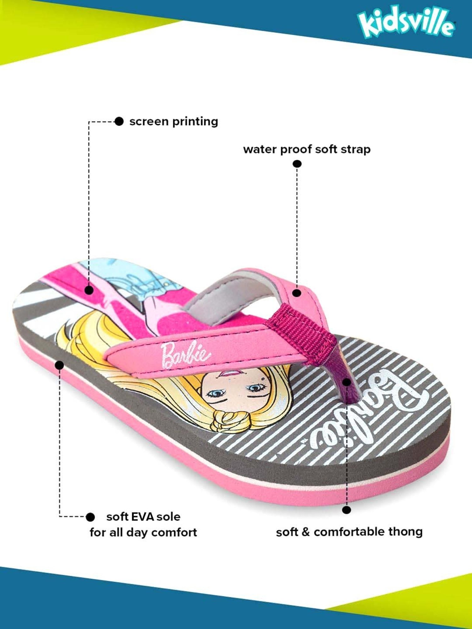 Kidsville Barbie Printed Pink & Grey Flip Flops