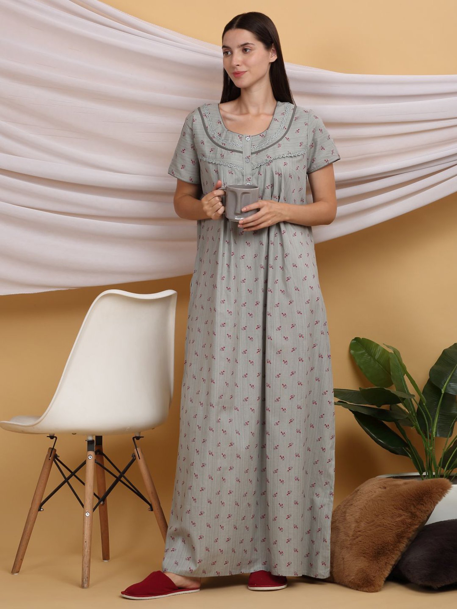 Sweet Dreams Grey Cotton Printed Night Gown