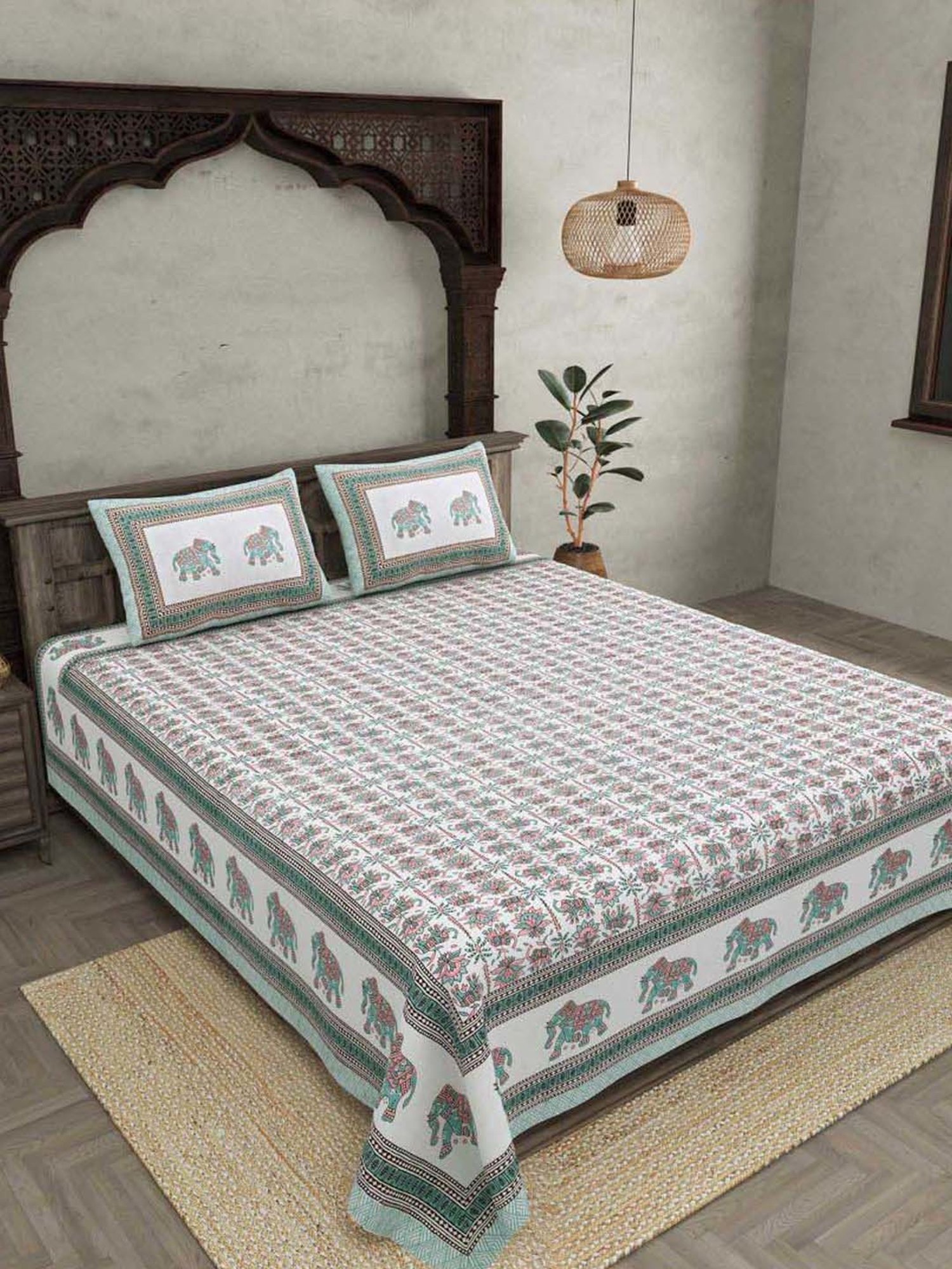 JaipurFabric Teal Cotton 180 TC Double Bedsheet with 2 Pillow Covers
