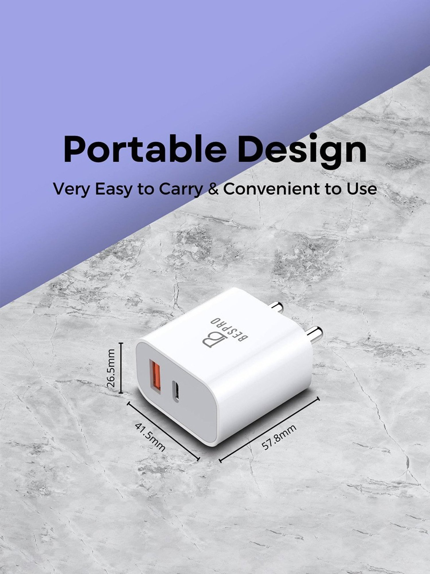 Bespro 20 W 1.67 A Multiport Mobile 20W Dual Port USB and Type C PD Fast Charger Adapter - White