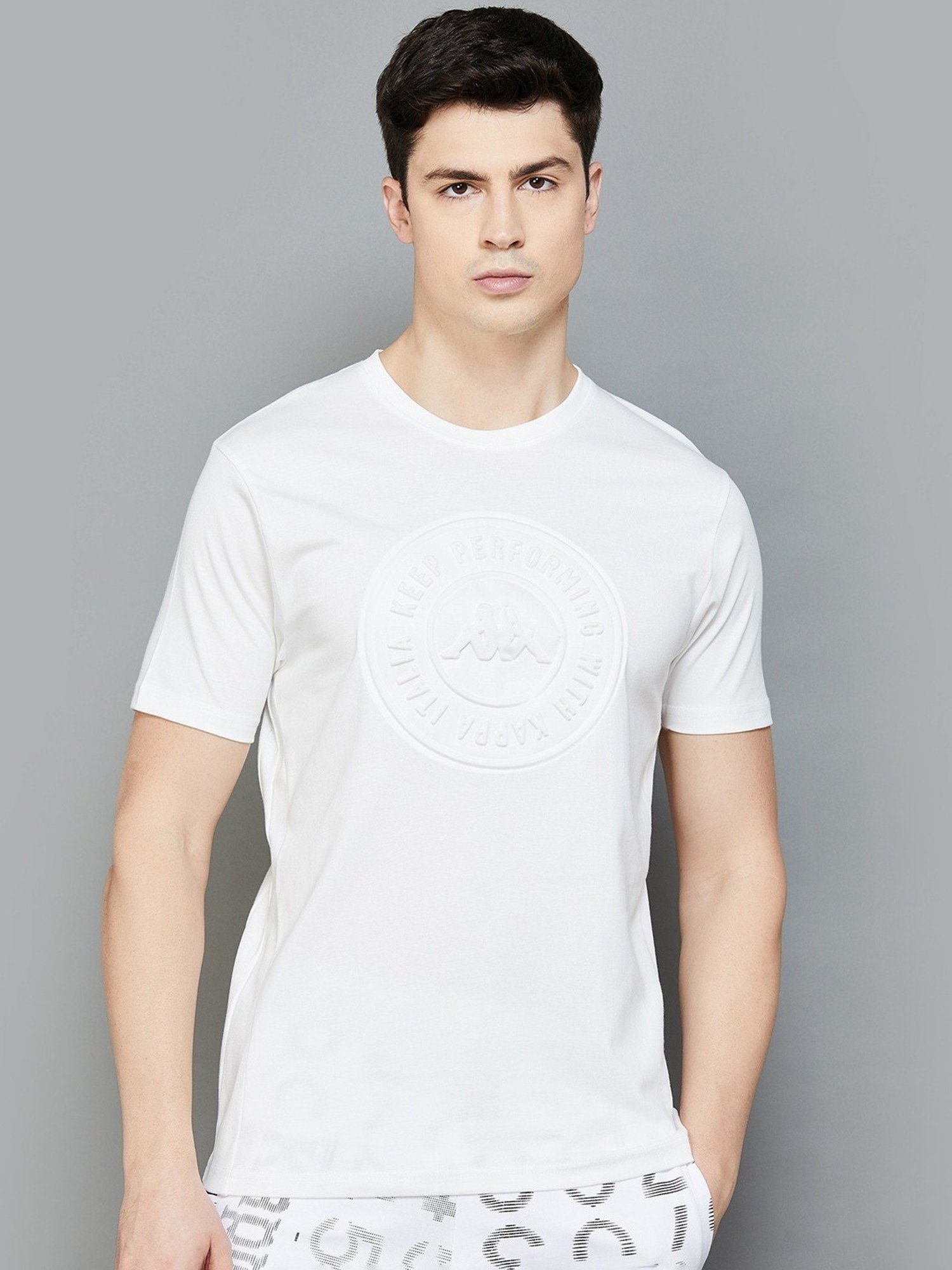 Kappa Off White Cotton Regular Fit Printed T-Shirt