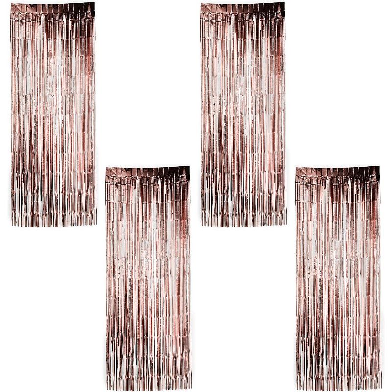Sparkle and Bash 4 Pack Rose Gold Foil Fringe Curtains, Metallic Tinsel Party Decorations (35 x 94 in)