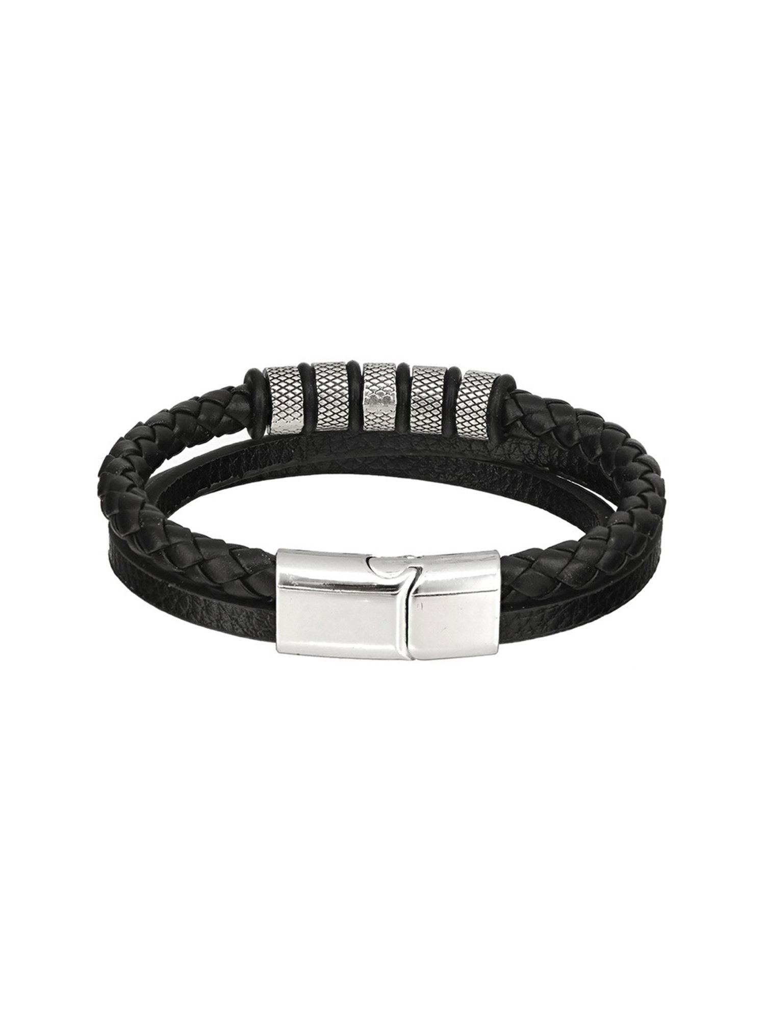 Aatmana Men Leather Black & Silver Wraparound Bracelet