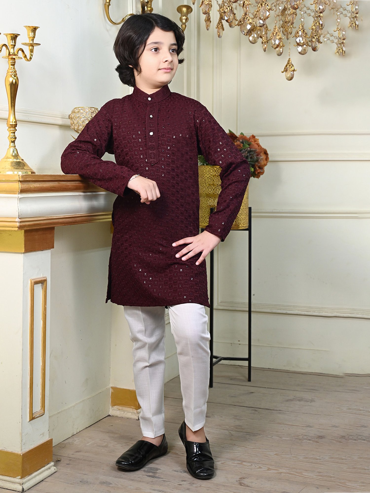 Ahhaaaa Kids Maroon & White Embellished Full Sleeves Kurta With Pyjamas