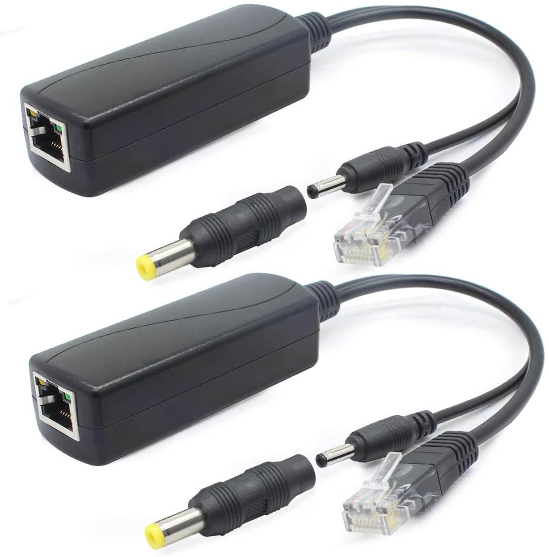 2-Pack 5V Gigabit PoE Splitter 48V to 5V 2.4A Adapter Plug 3.5mm x 1.35mm 5.5mm x 2.1mm Connector IEEE 802.3af Compliant for IP Camera and More