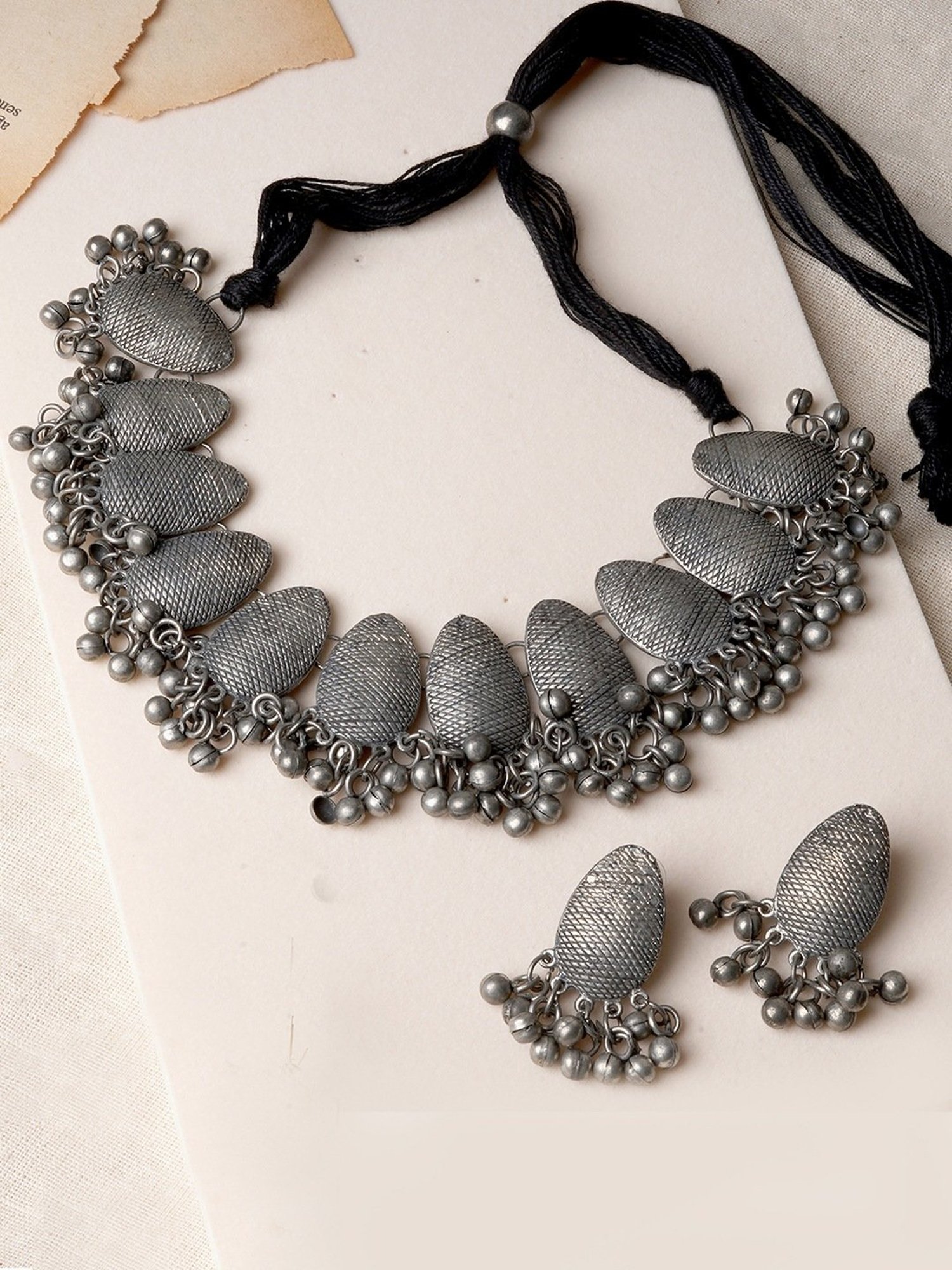 Teejh Bimala Sliver Oxidized Ghungroo Necklace & Earring Set