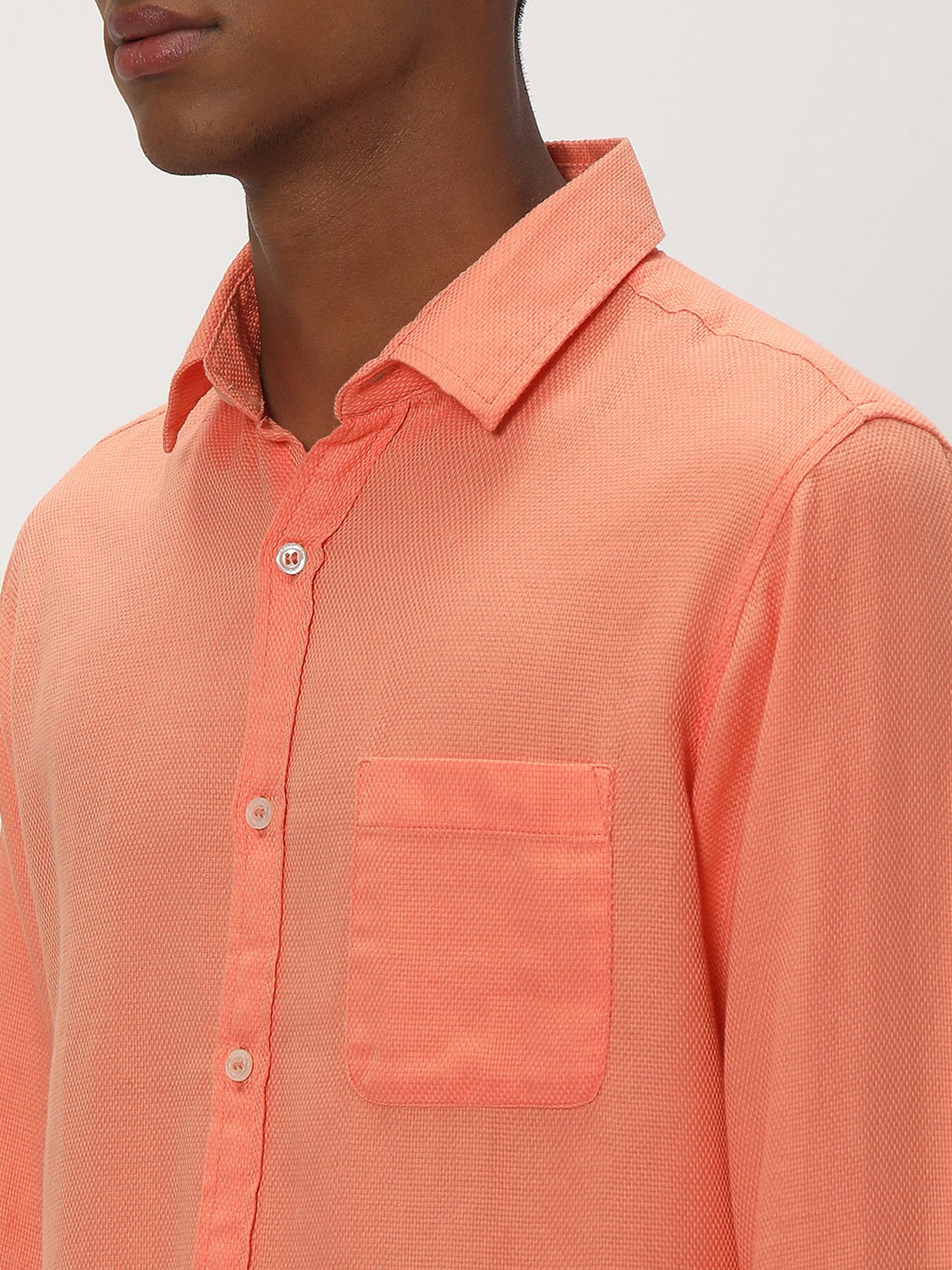 Mufti Orange Slim Fit Textured Cotton Linen Shirt