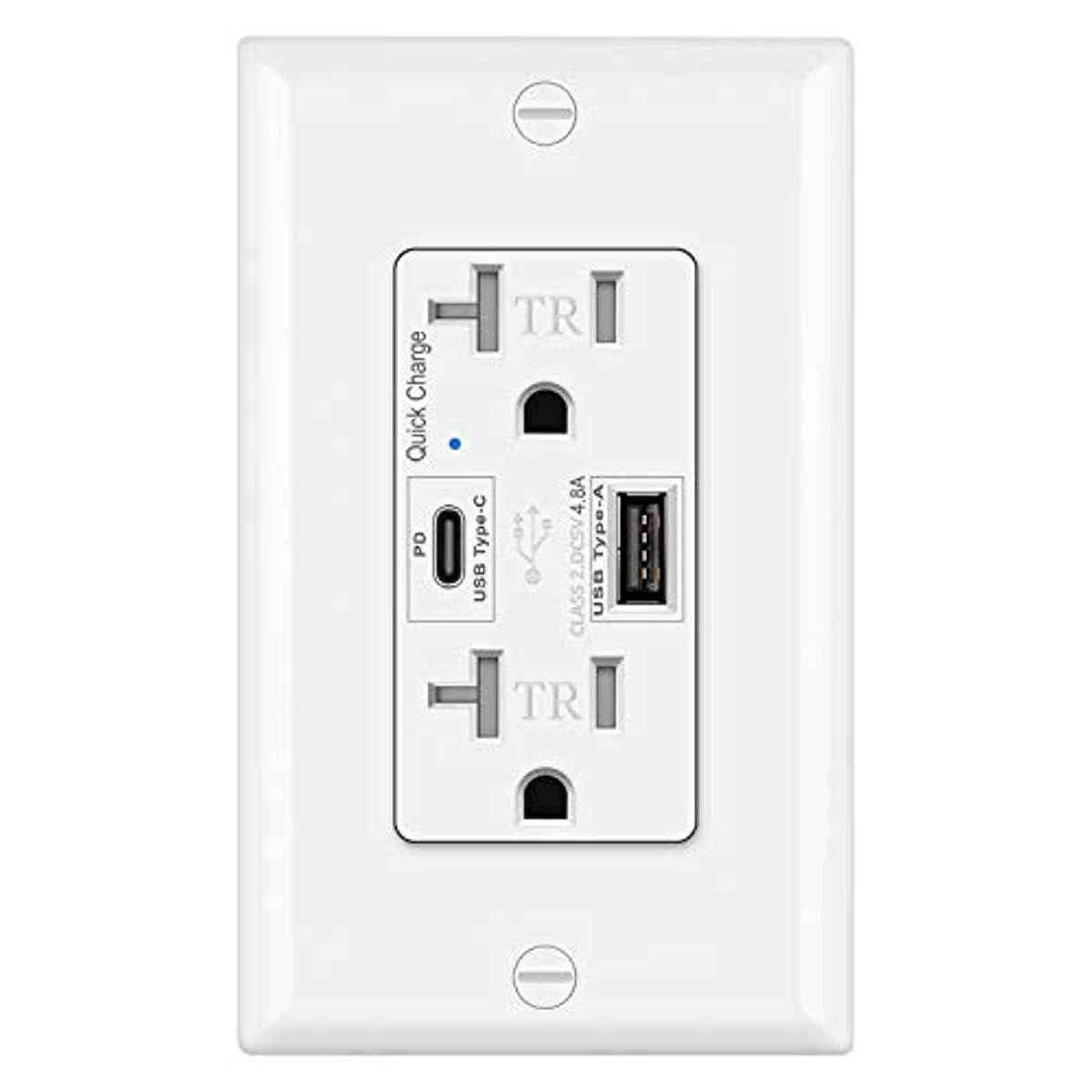 BESTTEN PD & QC 3.0 Smart USB Type-C Receptacle with 20 Amp Tamper Resistant AC Outlets and Indicator Light, UL Certified, White