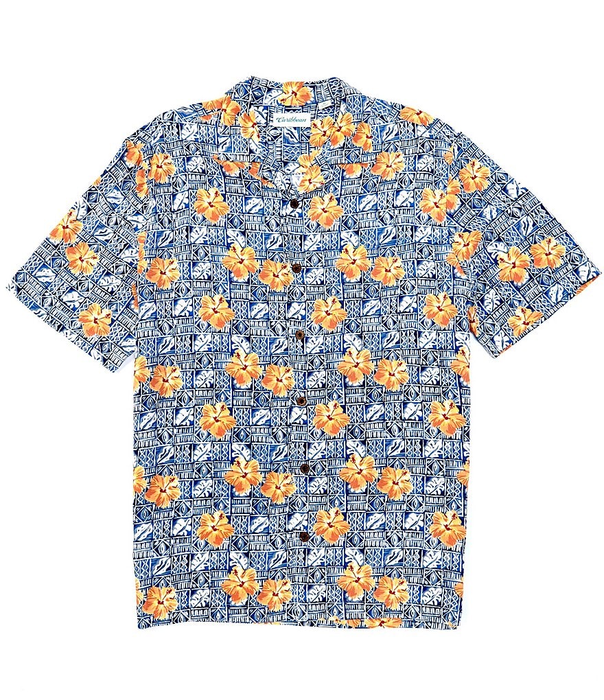 Caribbean Batik Print Blue Short-Sleeve Woven Camp Shirt