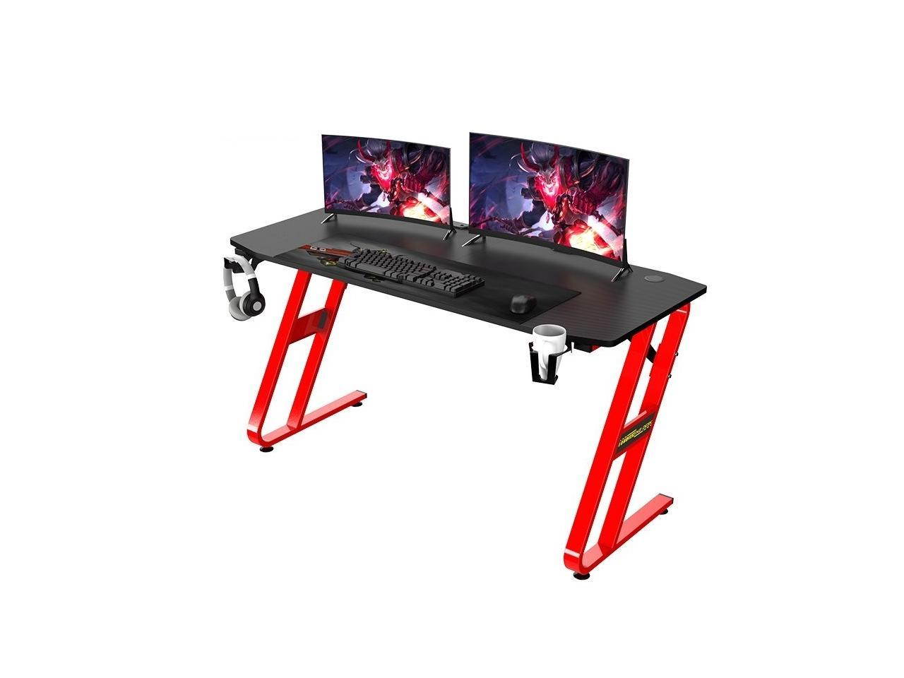 Gaming Desk Ergonomic 55Inch Gaming Desk - 55" Z Shaped Home Office PC Computer Gaming Table with Cup Holder Headphone Hook & 2 Cable Management Holes