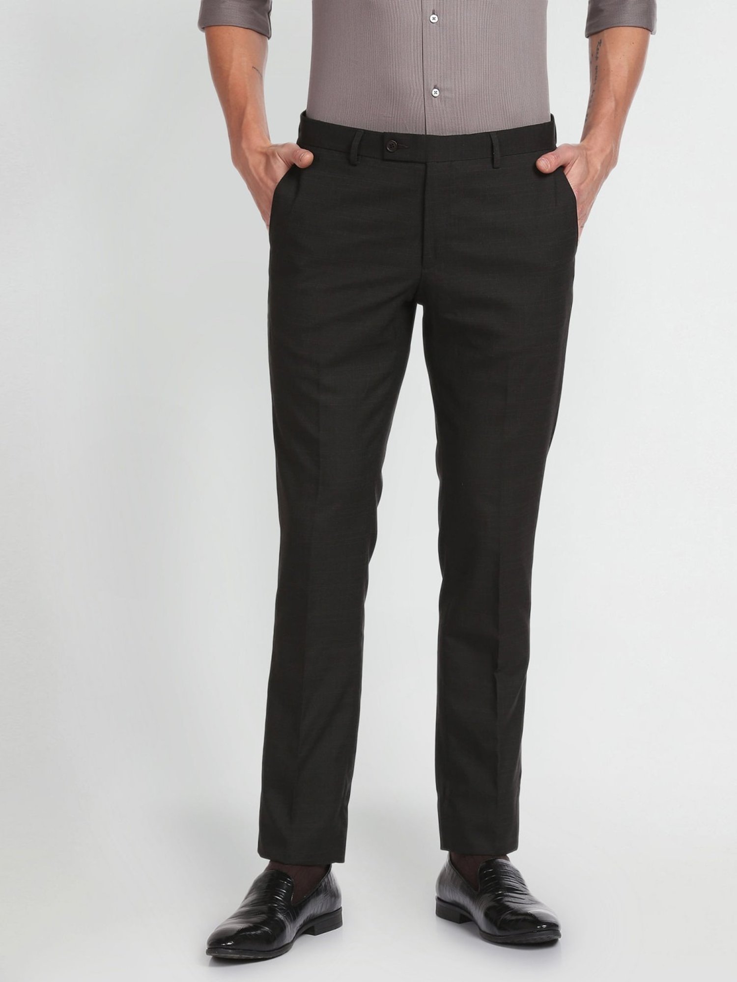 Arrow Black Regular Fit Checks Trousers
