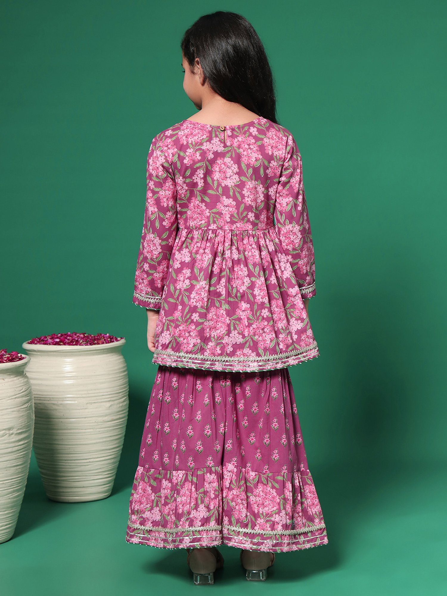 READIPRINT FASHIONS Kids Maroon Floral Print Kurti with Gharara