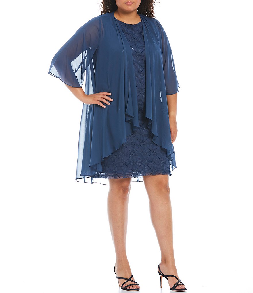 Ignite Evenings Plus Size Round Neck 3/4 Sleeve Embroidered Soutache Mesh 2-Piece Jacket Dress