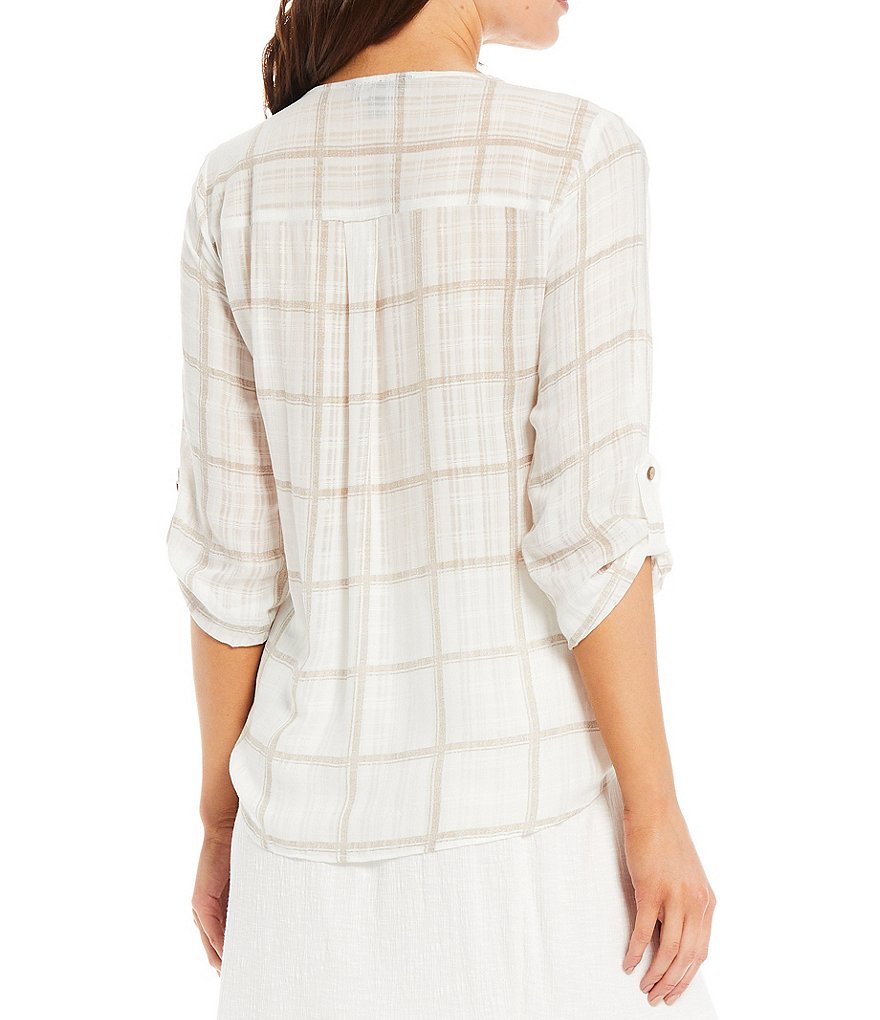 I.N. Studio Windowpane V-Neck Button Down Tie-Front Roll-Tab Sleeve Top