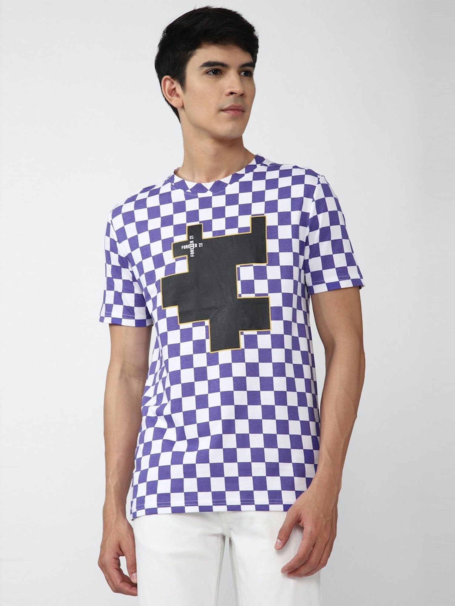 Forever 21 Purple & White Cotton Regular Fit Check T-Shirt