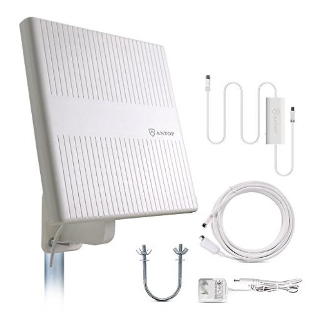 ANTOP Flat AT-413B Amplified  65 Miles Indoor/Outdoor Digital TV HDTV Antenna UHF VHF Signal reception High gain