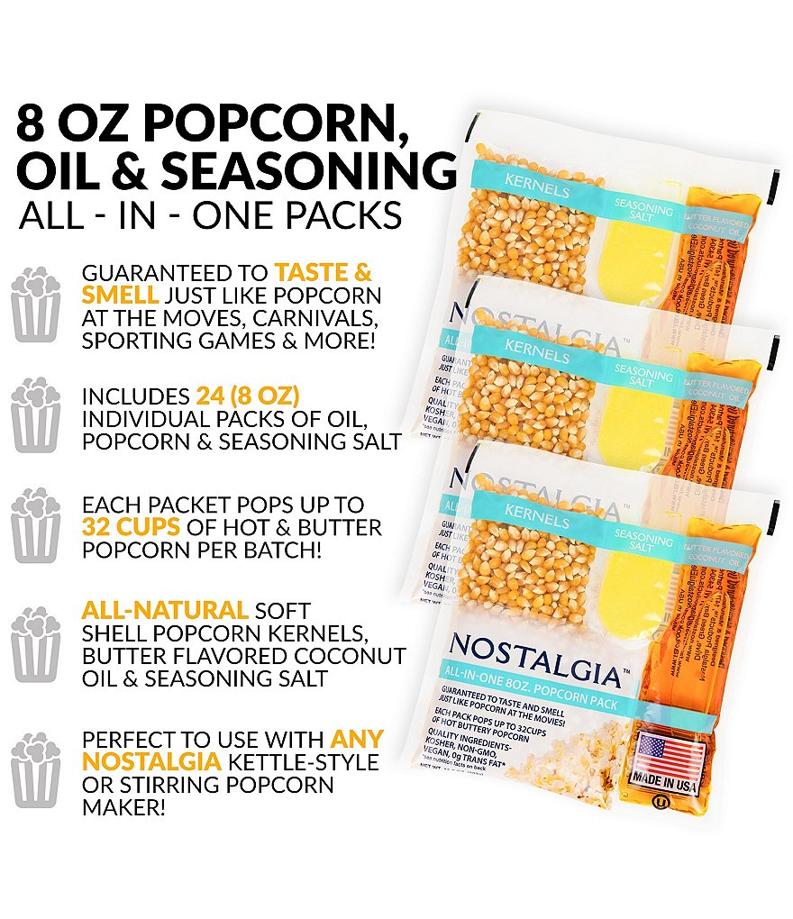 Nostalgia Electrics Best Tasting Premium 8-Ounce Popcorn, Oil & Seasoning Salt All-In-One Packs - 24 Count
