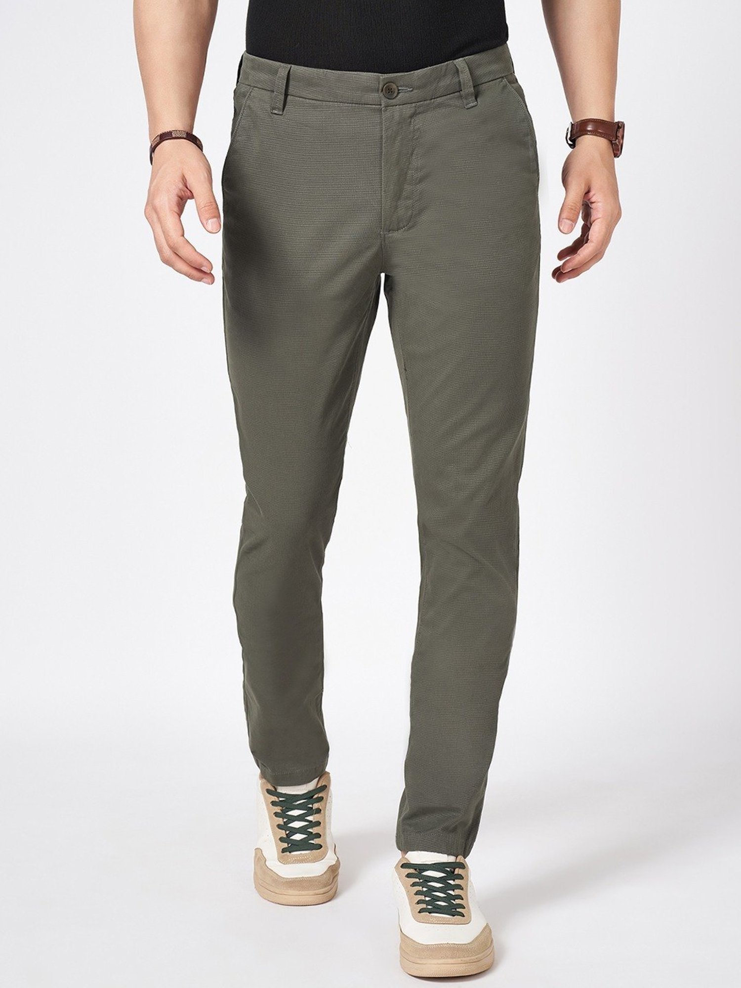 Byford By Pantaloons Green Cotton Slim Fit Texture Trousers