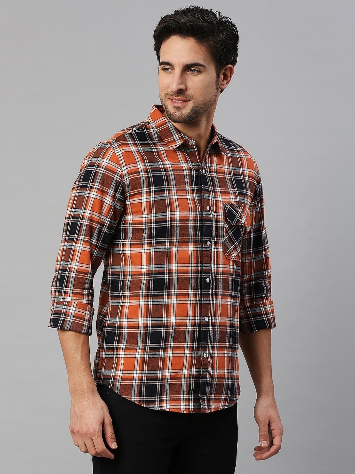 SOLEMIO Orange Slim Fit Check Cotton Shirt