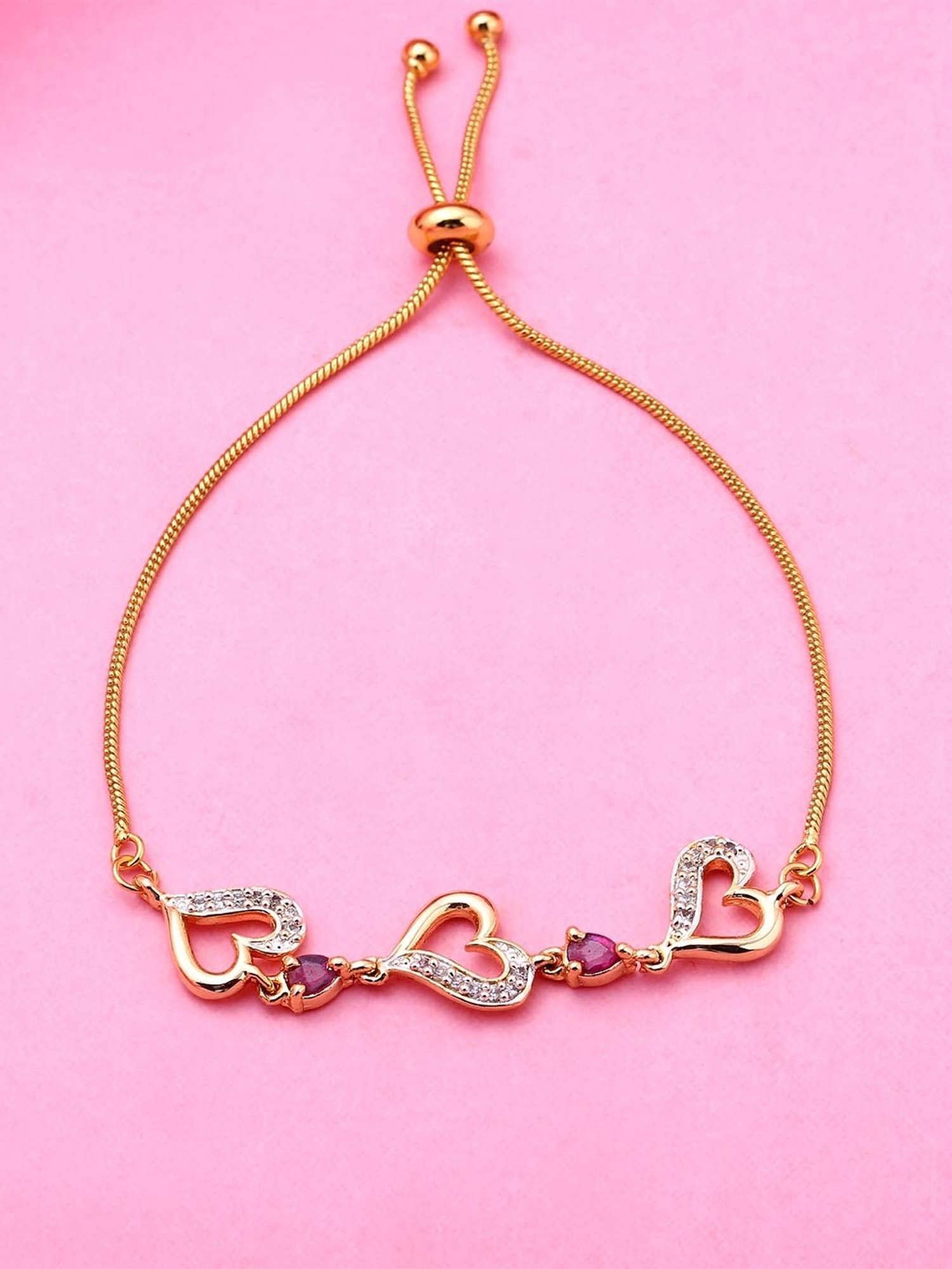 Estele Gold-Plated Heart-Shaped Link Bracelet with Pink Crystals for Women